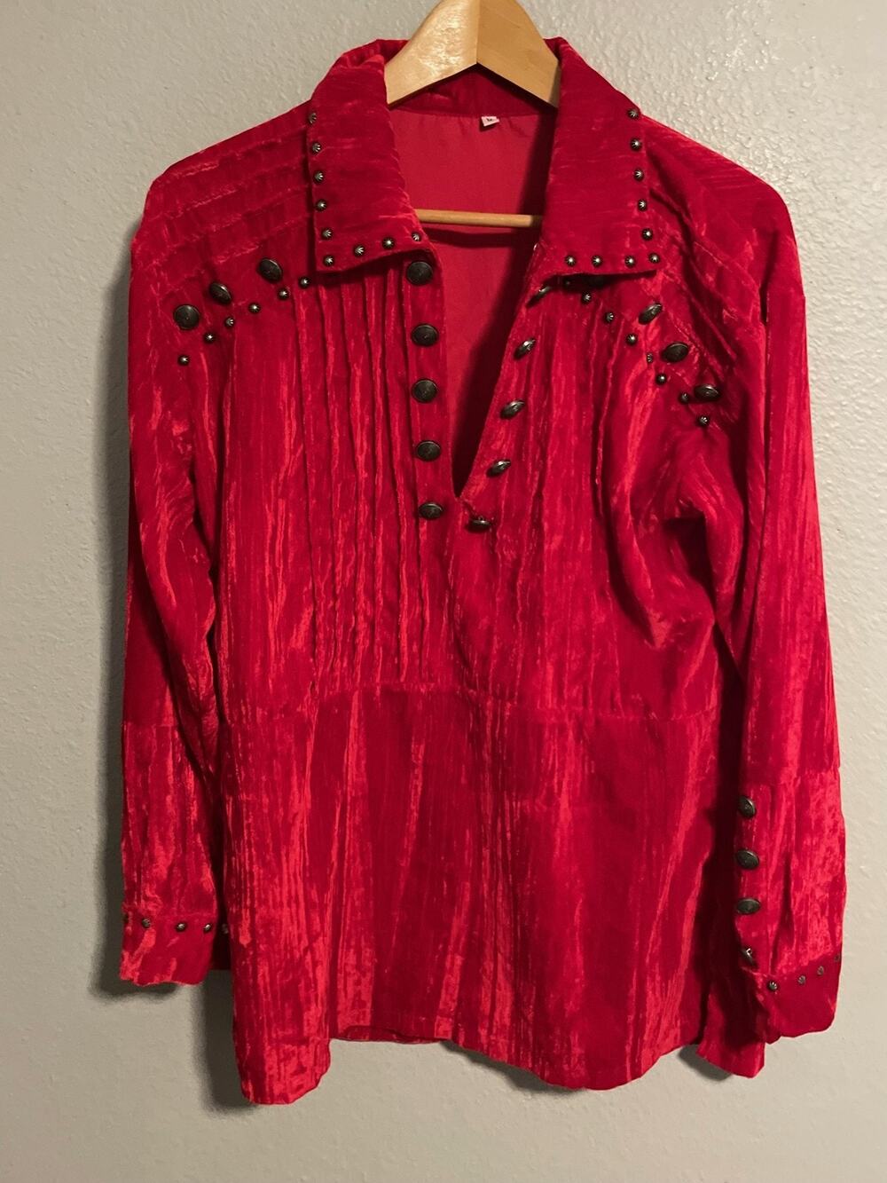 Womens Tunic Top Medium Red Velvet Studded Pleated Collared Steampunk Pirate